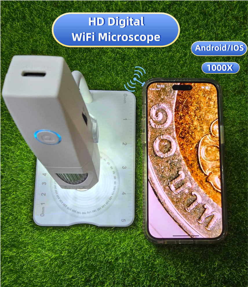 50X-1000X HD WiFi Digital Microscope Phone PC Connected Photo Video Taking Portable Electronic Microscope  for Skin Hair Jewelry Ancient Coins